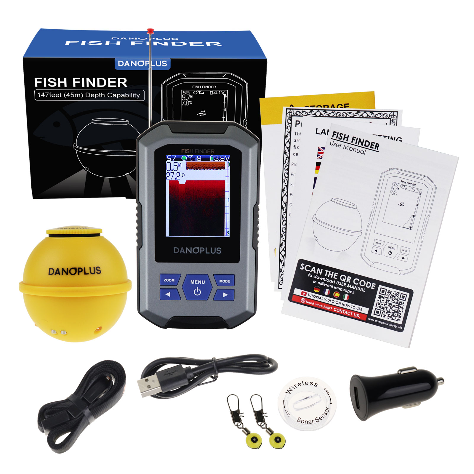 DP-104 Wireless Fish Finder Portable Fishfinder 147 Feet Sonar Sensor Rechargeable Depth Finders Kayak Fishing Accessories for Sea Fishing, Ice Fishing, Boat Fishing DP-104 Wireless Fish Finder Portable Fishfinder 147 Feet Sonar Sensor Rechargeable Depth Finders Kayak Fishing Accessories for Sea Fishing, Ice Fishing, Boat Fishing