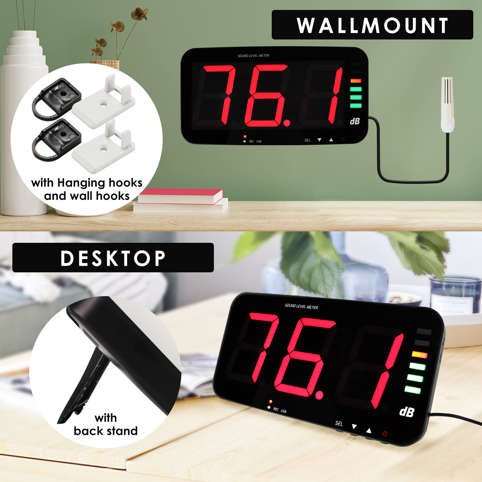 DP-389 Decibel Meter Recorder 13 Inches Sound Level Meter, Wall Mount Noise Meter for Classroom Sound Meter with 16.4ft Sensor, Buzzer Alarm and Unlimited Data Logging, Noise Meter Decibel for Studio, Home