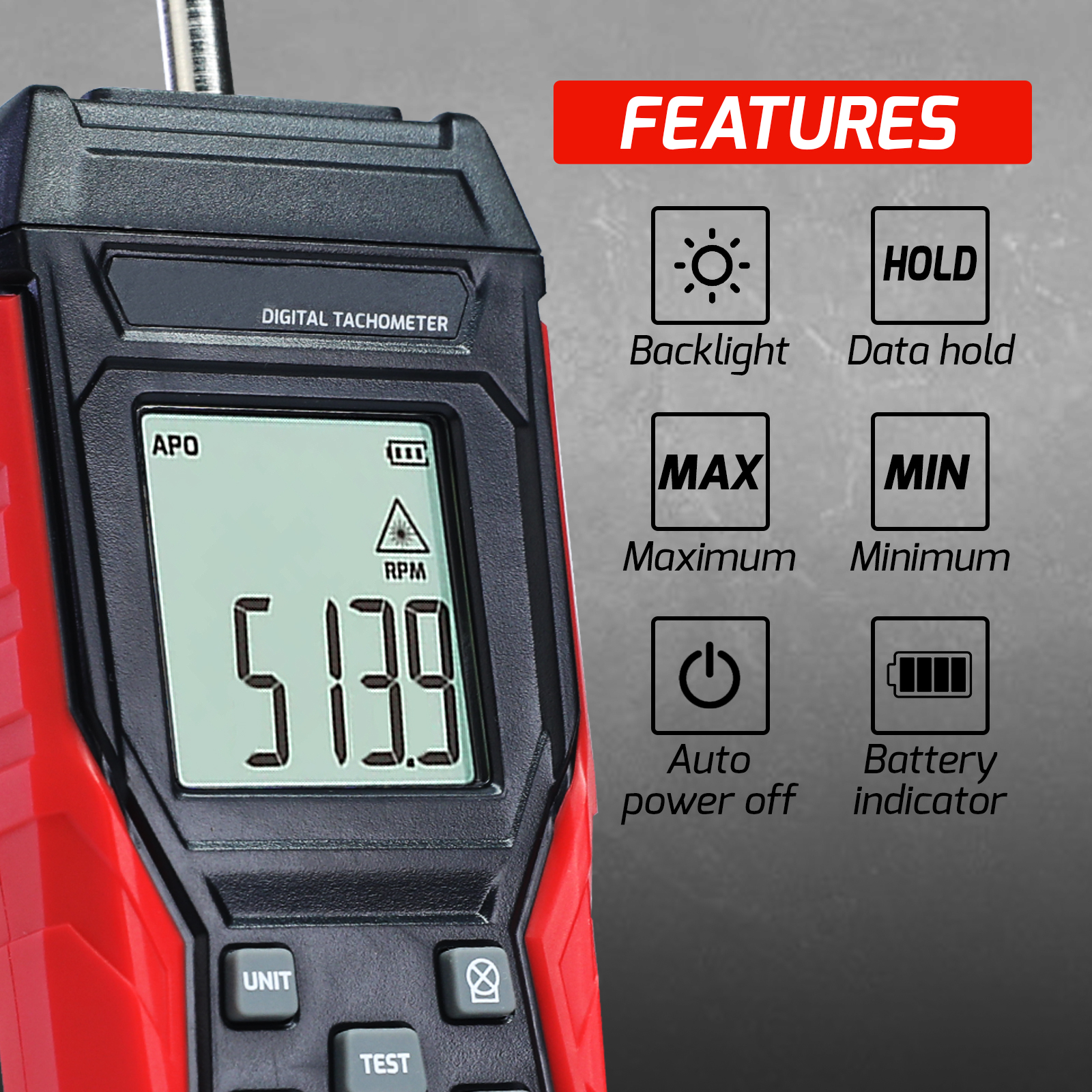 DP-401 Digital 2-in-1 Tachometer Noncontact Laser Photo Sensor 3~99999RPM and Contact 3~19999RPM Meter RPM Gauge Tester Professional MAX/MIN/Hold Data, Handheld Car Engine Tool