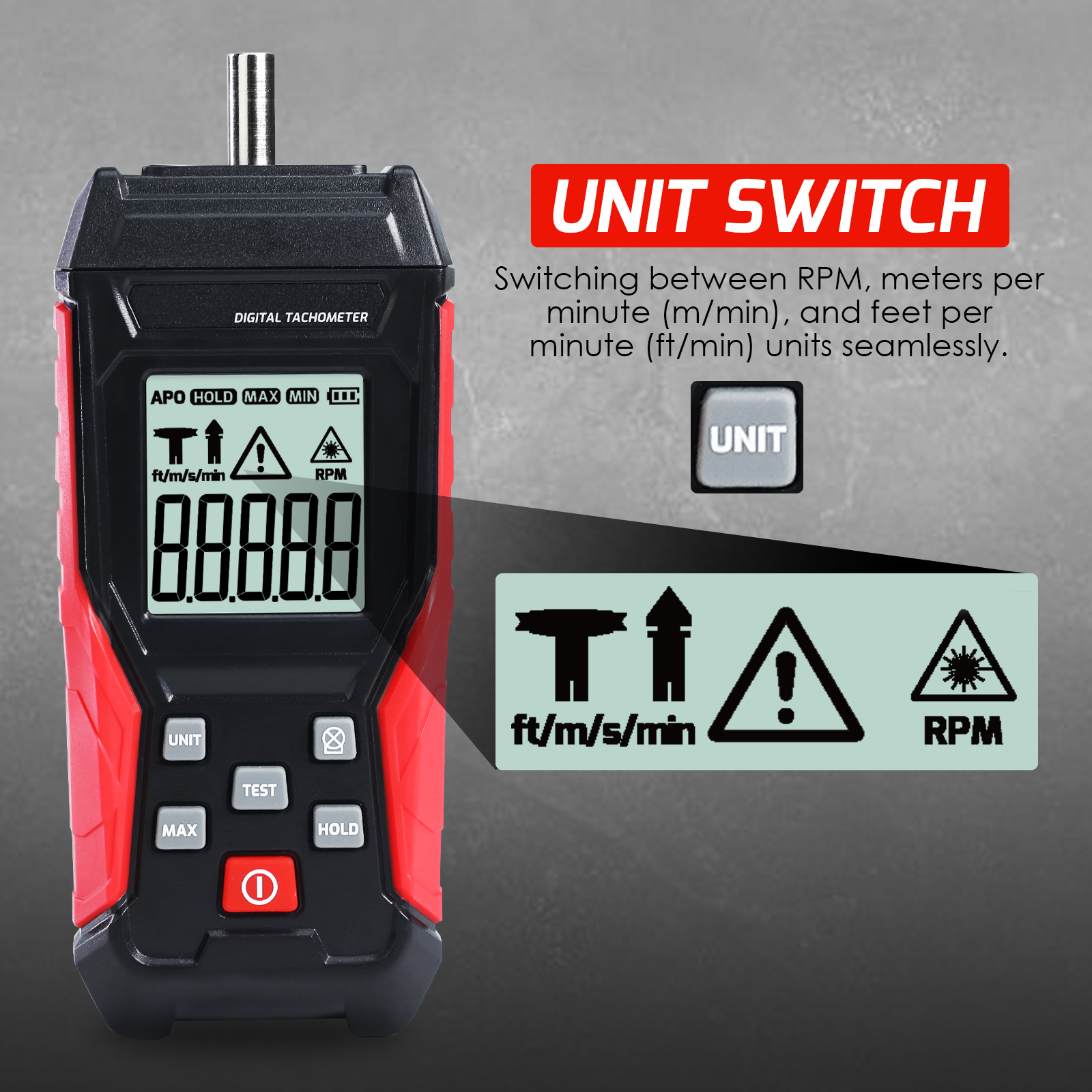 DP-401 Digital 2-in-1 Tachometer Noncontact Laser Photo Sensor 3~99999RPM and Contact 3~19999RPM Meter RPM Gauge Tester Professional MAX/MIN/Hold Data, Handheld Car Engine Tool