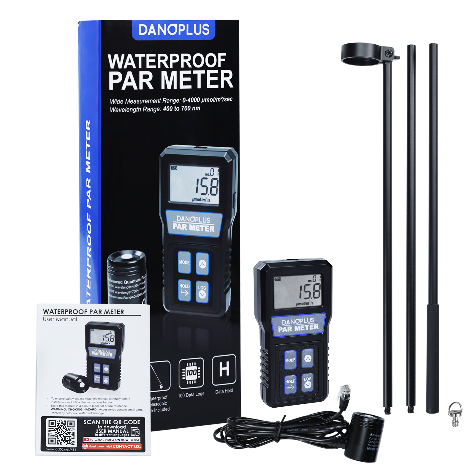DP-414 PAR Meter for Reef Tank Waterproof PAR Meter Aquarium IP68 Quantum Sensor PPFD Meter Data Logger, Full-Spectrum Quantum PAR Meter with 79" Cable and 37" Solid Telescopic Pole Included