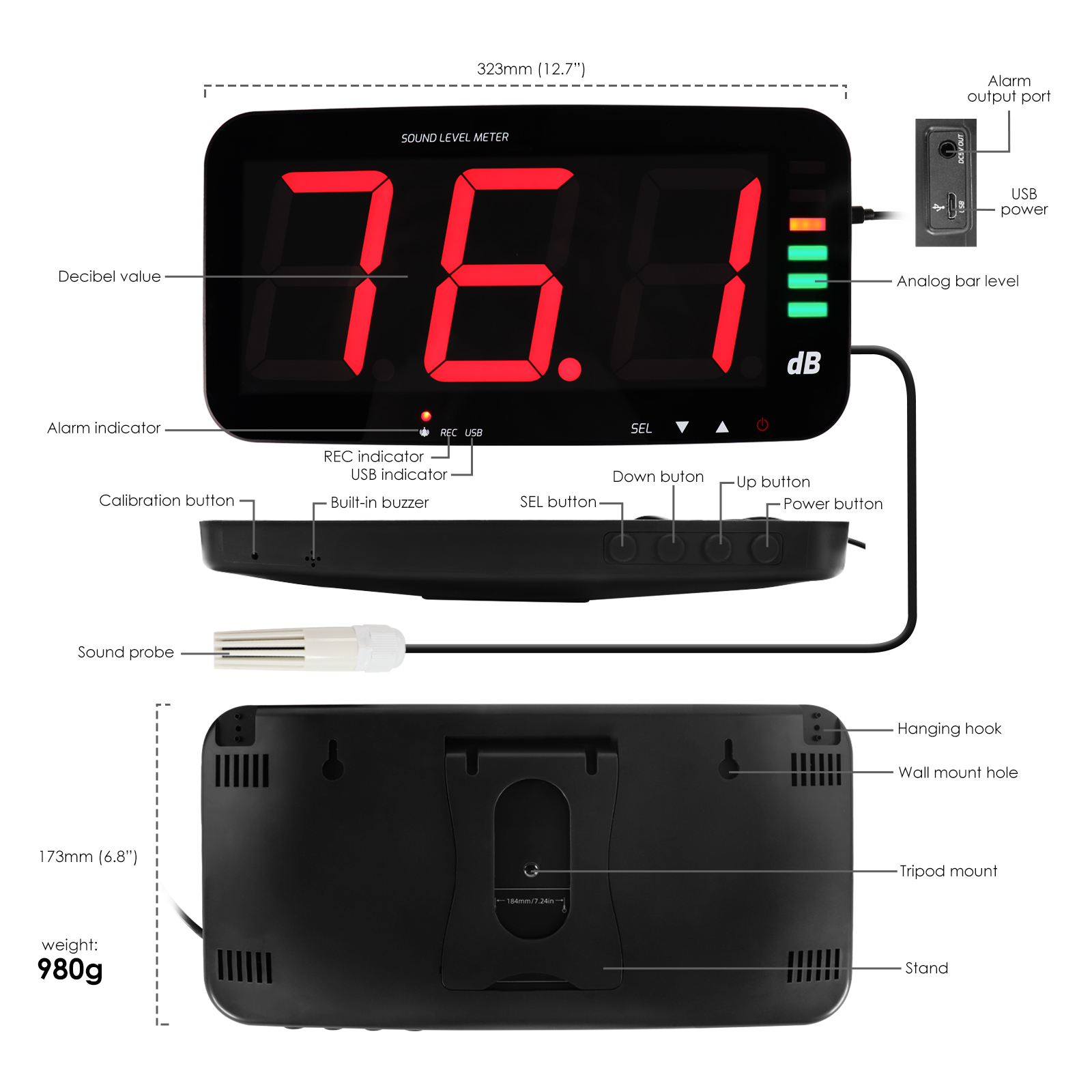DP-389 Decibel Meter Recorder 13 Inches Sound Level Meter, Wall Mount Noise Meter for Classroom Sound Meter with 16.4ft Sensor, Buzzer Alarm and Unlimited Data Logging, Noise Meter Decibel for Studio, Home