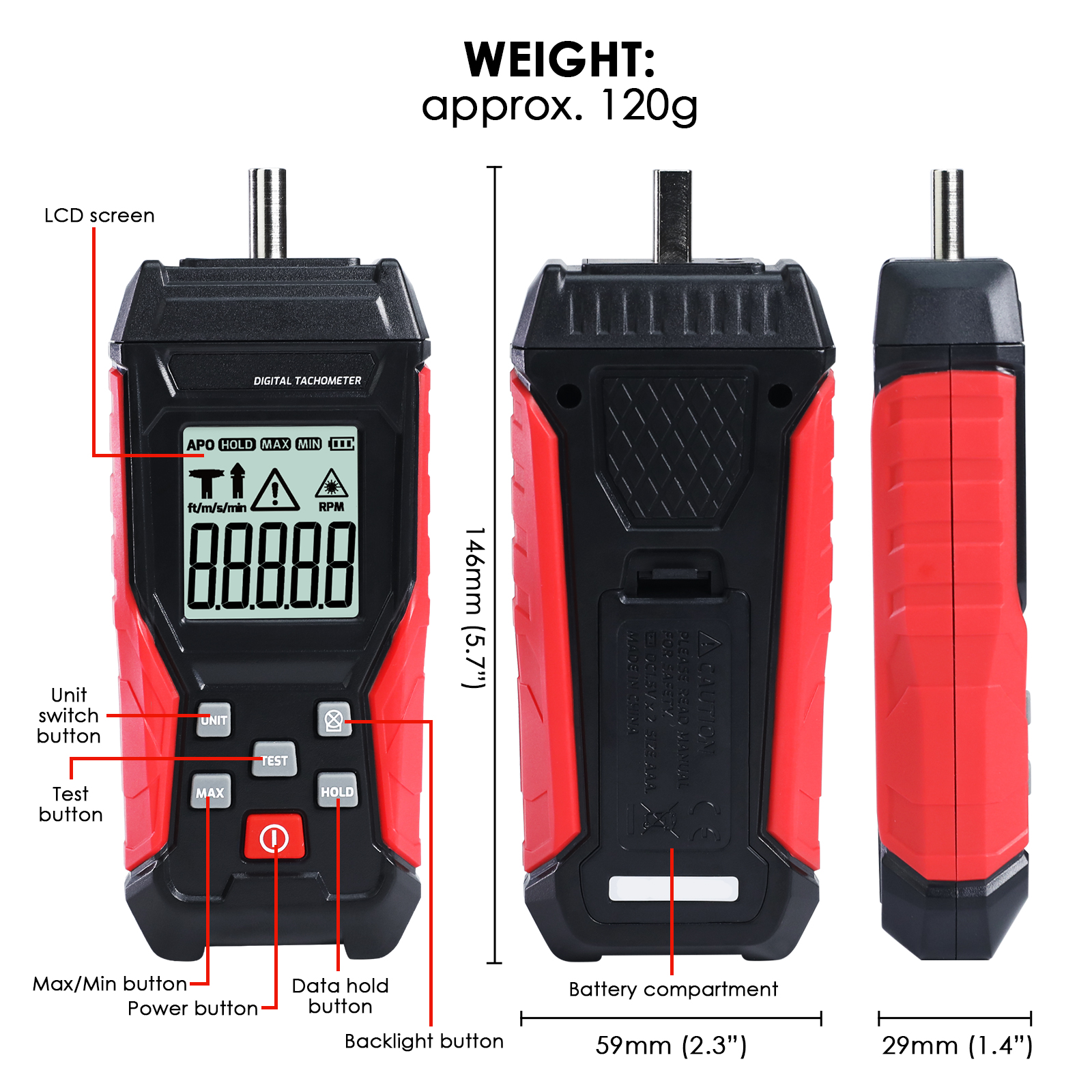 DP-401 Digital 2-in-1 Tachometer Noncontact Laser Photo Sensor 3~99999RPM and Contact 3~19999RPM Meter RPM Gauge Tester Professional MAX/MIN/Hold Data, Handheld Car Engine Tool