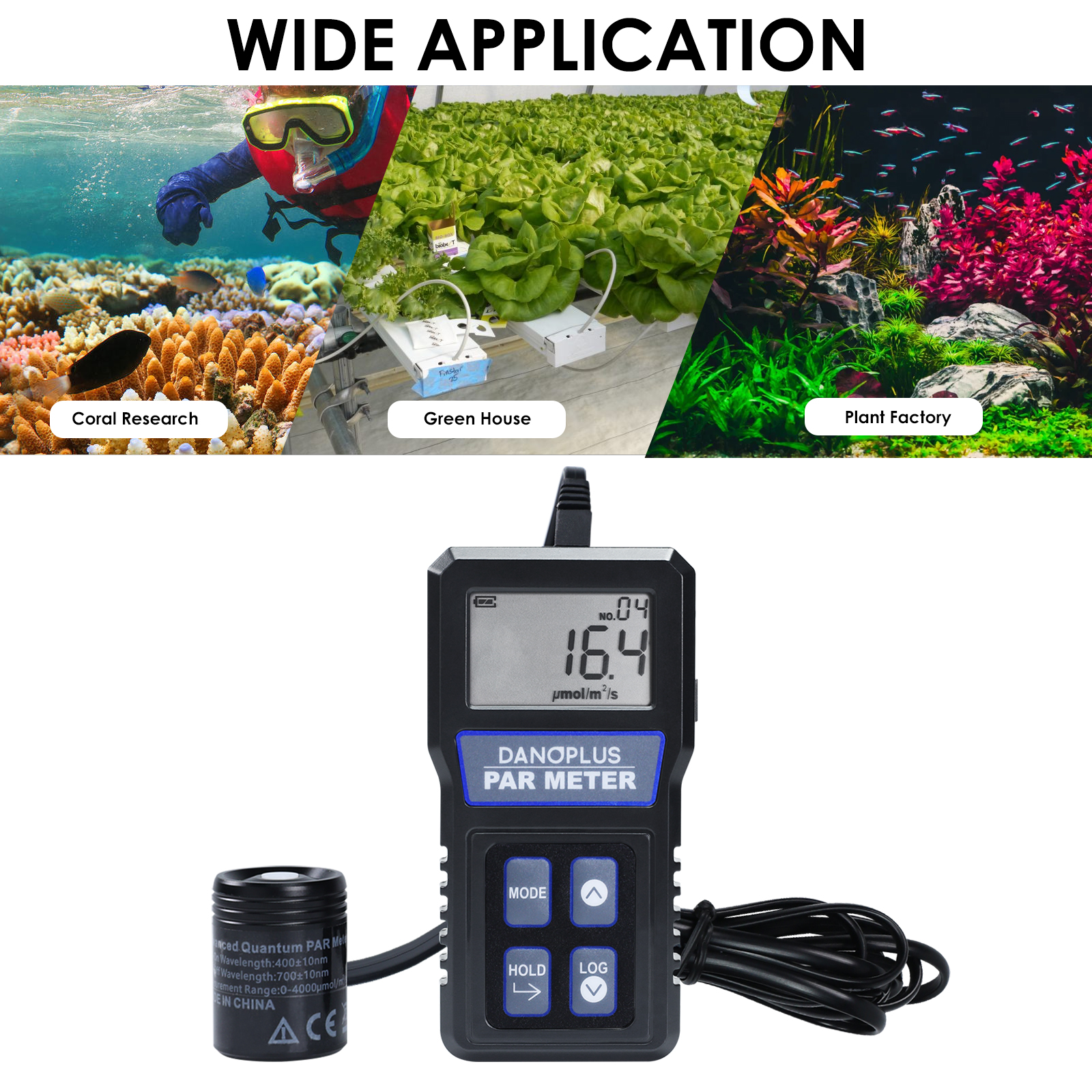DP-414 PAR Meter for Reef Tank Waterproof PAR Meter Aquarium IP68 Quantum Sensor PPFD Meter Data Logger, Full-Spectrum Quantum PAR Meter with 79" Cable and 37" Solid Telescopic Pole Included